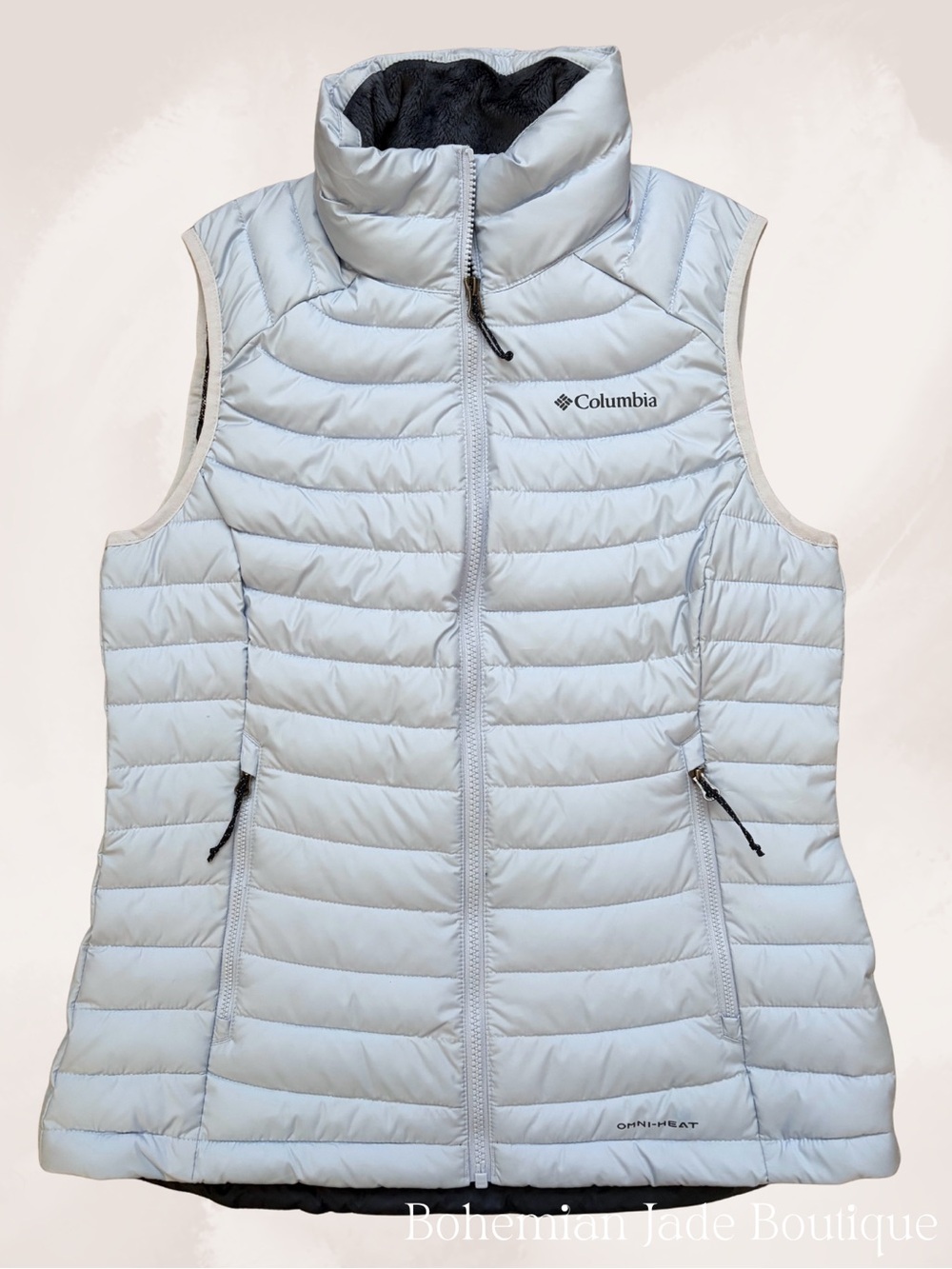 Columbia Omni-Heat Light Blue Quilted Puffer Vest Plush Collar Women’s Small NWT